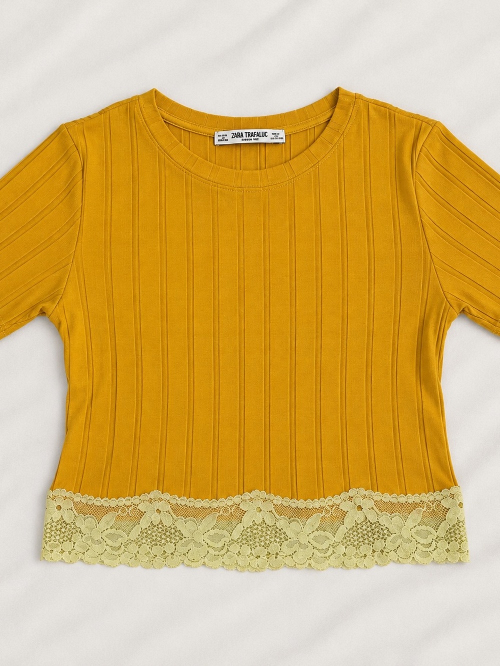 Zara Mustard Ribbed Crop Top with Lace Trim
